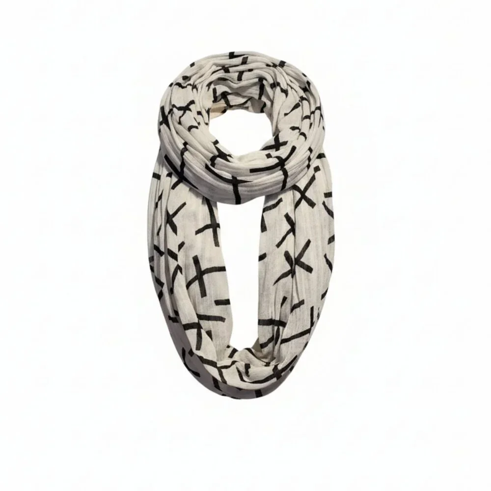 Black‎ and White Cross Designed Circular Scarf in Lightweight Cotton  -